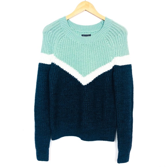 Abercrombie & Fitch Sweaters - A & F Striped Navy & Teal Crew Neck Sweater S